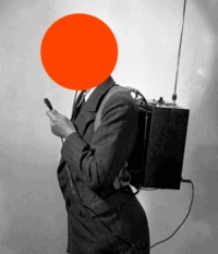 A figure in a suit with a red dot for a face, holding a vintage radio